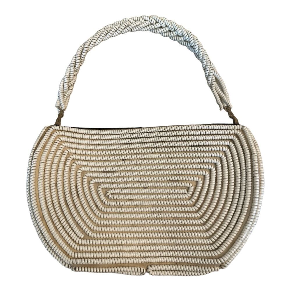 Vintage 1950s 60s White Telephone Cord Handbag Purse Top Handle Mid Century